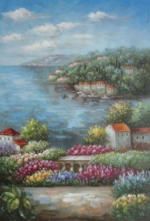 Mediterranean View from a Flower Garden Large Oil Painting 36x24 Inch, Unstretched/Unframed  