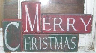 Primitive Shelf Merry Christmas Hand Painted Wood Blocks   Decorative Signs