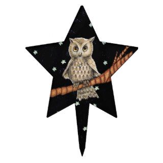 Vintage Brown Owl Necklace Crescent Moon Stars Cake Pick