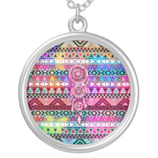 Hipster Pink Dreamcatcher Neon Andes Aztec Pattern Personalized Necklace