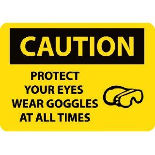 NMC C588AB OSHA Sign, Legend "CAUTION   PROTECT YOUR EYES WEAR GOGGLES AT ALL TIMES" with Graphic, 14" Length x 10" Height, Aluminum, Black on Yellow Industrial Warning Signs