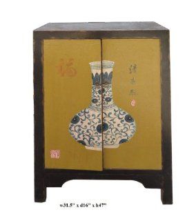Chinese Side Cabinet with Blue & White Vase Graphic Avs572   Vanities