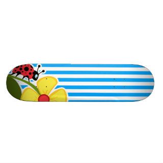 Cute Ladybug on Sky Blue Vertical Stripes Skateboard