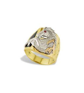 14k Tri Color Gold Horse Mustang Stallion CZ Onyx Ring Mens Mustang Rings Jewelry