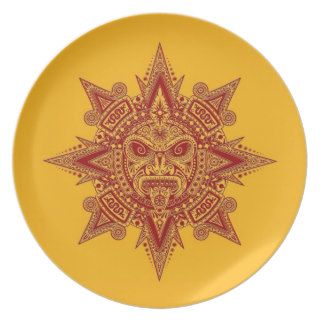 Aztec Sun Mask Red on Yellow Plates