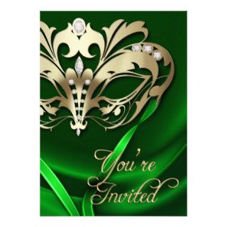 Gold Masquerade Green Jeweled Party Invitation