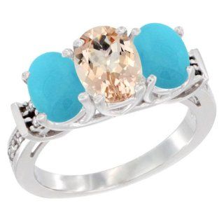 14K White Gold Natural Morganite & Turquoise Sides Ring 3 Stone Oval Diamond Accent, sizes 5   10 Jewelry