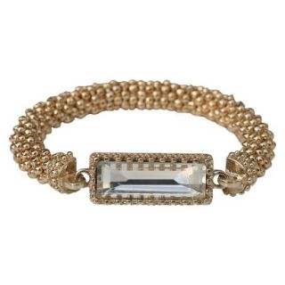 Satin Textured Rondelles with Rectangular Crystal Stretch Bracelet   Gold