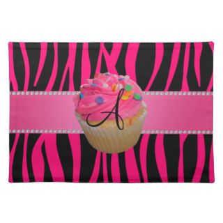 Monogram pink cupcake hot pink zebra stripes placemat