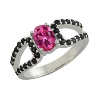 1.49 Ct Oval Pink Tourmaline Black Diamond 18K White Gold Ring Jewelry