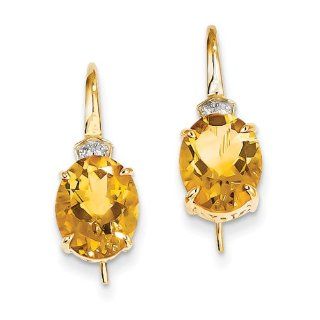 14k Yellow Gold Diamond & Citrine Oval Dangle Earrings Jewelry