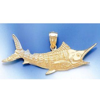 Charms 14K Gold Marlin Fish Textured 2d Marlin Pendant Jewelry
