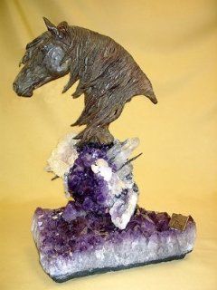 Amethyst Semiprecious Crystal Stones Combined with Bronze Horse Sculpture