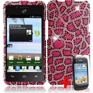 HUAWEI VALIANT ASCEND PLUS PINK BLACK LEOPARD ANIMAL DIAMOND BLING COVER SNAP ON HARD CASE + SCREEN PROTECTOR from [ACCESSORY ARENA] Cell Phones & Accessories