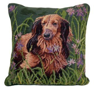 Long Hair Dachshund Dog Needlepoint Wool Throw Pillow   14"  