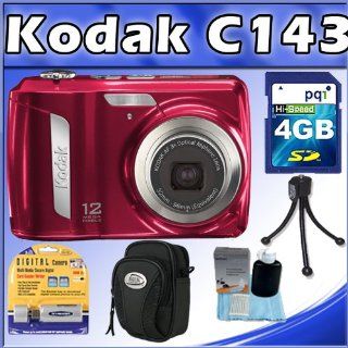 Kodak EasyShare C143 12MP Digital Camera w/ 3X Optical Zoom, 2.7" LCD (Red) + 4GB SD Card + Camera Bag(S) + Table Tripod + 3 pieces Cleaning Kit + SD Card Reader  Point And Shoot Digital Camera Bundles  Camera & Photo