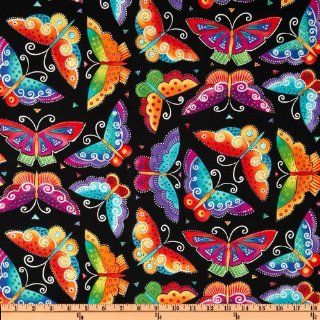44'' Wide Laurel Burch Flying Colors II Butterfly Black Fabric By The Yard
