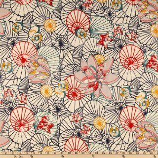 56'' Wide Cotton Lawn Abstract Ivory/Navy/Red/Mustard Fabric By The Yard