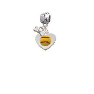 Softball in Heart Paw Print Charm Dangle Bead with Dog Bone Delight & Co. Jewelry