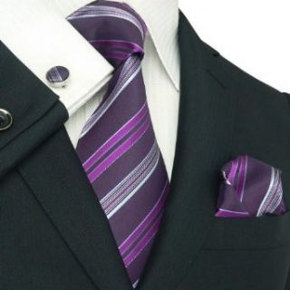 Men's Striped Purple 100% Silk tie Set TheDapperTie 58E at  Mens Clothing store Neckties
