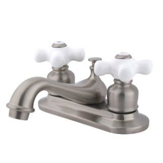 Kingston Brass KB608PX Restoration 4 Inch Centerset Lavatory Faucet with Porcelain Cross Handle, Satin Nickel   Touch On Bathroom Sink Faucets  