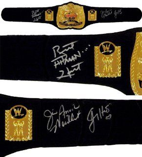 The Hart Foundation   Bret Hart, Jim Neidhart & Jimmy Hart Signed Replica Tag Team Champ Belt Sports Collectibles