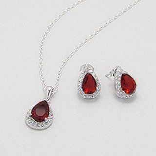 Sterling Silver Cz Ruby Pendant Necklace Earrings Set for Valentines Day 18" Italian Chain   GIFT BOXED Jewelry