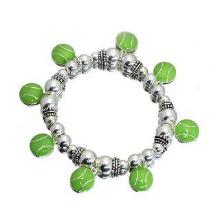 Fashion Charm Bracelet ; Silver Tone Metal; Tennis Ball Charms; Stretches to Fit Jewelry