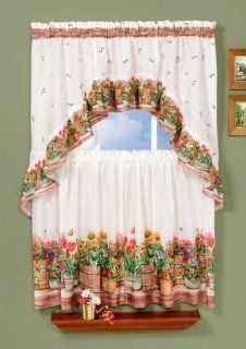 Geraniums 36" Long Tier & Swag Curtain Set   Flower Pot Motif   Window Treatment Curtains