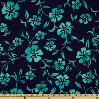 45'' Wide Hoffman Tropical Collection Large Hibiscus Navy/Turquoise Fabric By The Yard
