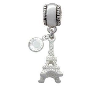 Silver 3 D Eiffel Tower Charm Bead with Clear Crystal Dangle Jewelry