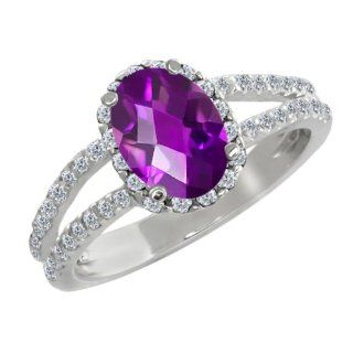 1.48 Ct Oval Checkerboard Purple Amethyst White Diamond 14K White Gold Ring Jewelry