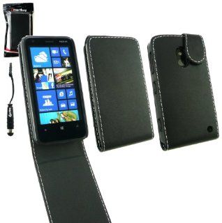 Emartbuy� Stylus Pack For Nokia Lumia 620 Premium PU Leather Flip Case/Cover/Pouch Black + Metallic Mini Black Stylus + LCD Screen Protector Cell Phones & Accessories
