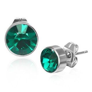 E645 E645 7mm Stainless Steel Bezel Set Circle Stud Earrings   Green Gem Stones Mission Jewelry