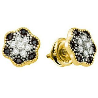 0.29 Carat (ctw) 10k Yellow Gold Black & White Diamond Ladies Cluster Fine Earrings Stud Earrings Jewelry