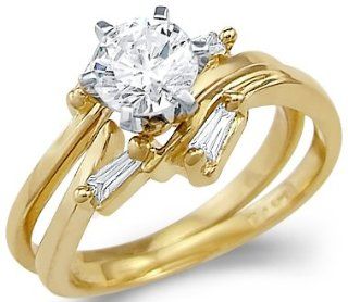 Solid 14k Yellow Gold Engagement Wedding Set CZ Cubic Zirconia Two Rings New Round Cut 1.0 ct Jewelry