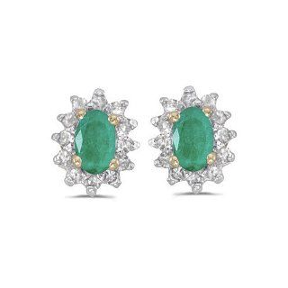 14k Yellow Gold Oval Emerald And Diamond Earrings Stud Earrings Jewelry