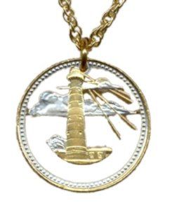 Stunning World 2 toned Nautical Gold and Sterling Silver Cut Coin Necklace Pendant Women's Men's Jewelry   Barbados 5 cent "Light house" (a little smaller than a U.S. nickel) Jewelry