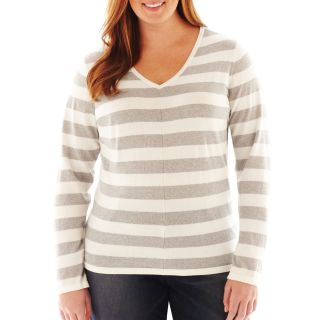 LIZ CLAIBORNE Long Sleeve Metallic Striped Sweater   Plus, Womens