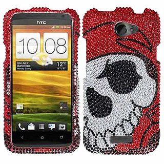 Pirate Skull Silver Red Bling Rhinestone Crystal Case Cover Diamond Faceplate For HTC One X w/ Free Pouch Cell Phones & Accessories