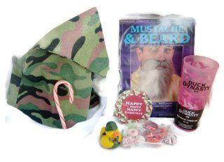 Pink Camouflage and Duck  Themed Holiday Gift Pack Featuring 16 Oz. Pink Duck Dynasty Redneck Tumbler, 8 Paper Laminated Happy Happy Happy Christmas Coasters, Your Own Beard, Toy Duck decked out in Camo, Holiday Camo Santa Hat, and Assorted Candy Kitchen 