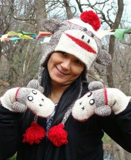 Lungta Hand Knit Red Sock Monkey 100% Wool Pilot Ski Animal Hat and Glove Set Nepal 