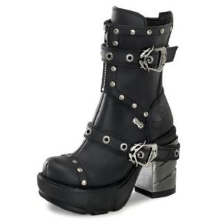 Womens Sizing Vegan Black Studded Ankle Boots with Buckle and 3.5 Inch ABS Heel Shoes