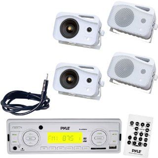 Pyle Marine Radio Receiver, Speaker and Cable Package   PLMR88W AM/FM MPX IN Dash Marine  Player/USB, MMC & SD Memory Card Function   2x PLMR25 2 Pairs of 4'' 300 Watt 3 Way Water Proof Mini Box Speaker System (White)   PLMRNT1 22" Weat