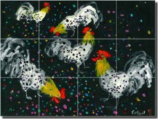 Confetti Chickens by Bonnie Siebert   Rooster Chicken Ceramic Tile Mural 24" x 18" Kitchen Shower Backsplash    