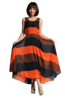 1veMoon Women's Strip Crew Neck Chiffon Maxi Elegant Loose Dress, Orange, Regular Sizing 0