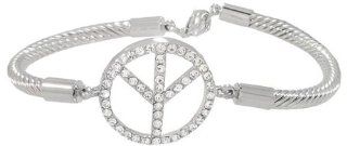 Cable Style Rhodium Plated Bracelet Featuring a Cubic Zirconia Peace Sign Jewelry