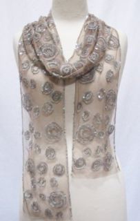 Sequin Beaded Embroidered Circles Net Mesh Sheer Scarf Grey