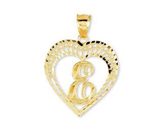 14k Yellow Gold Letter Initial E Alphabet Heart Pendant Jewelry
