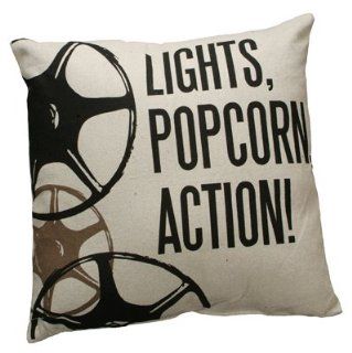 Lights, Popcorn, Action Large Home Theater Throw Pillow   20 in x 20 in   Led Night Light
